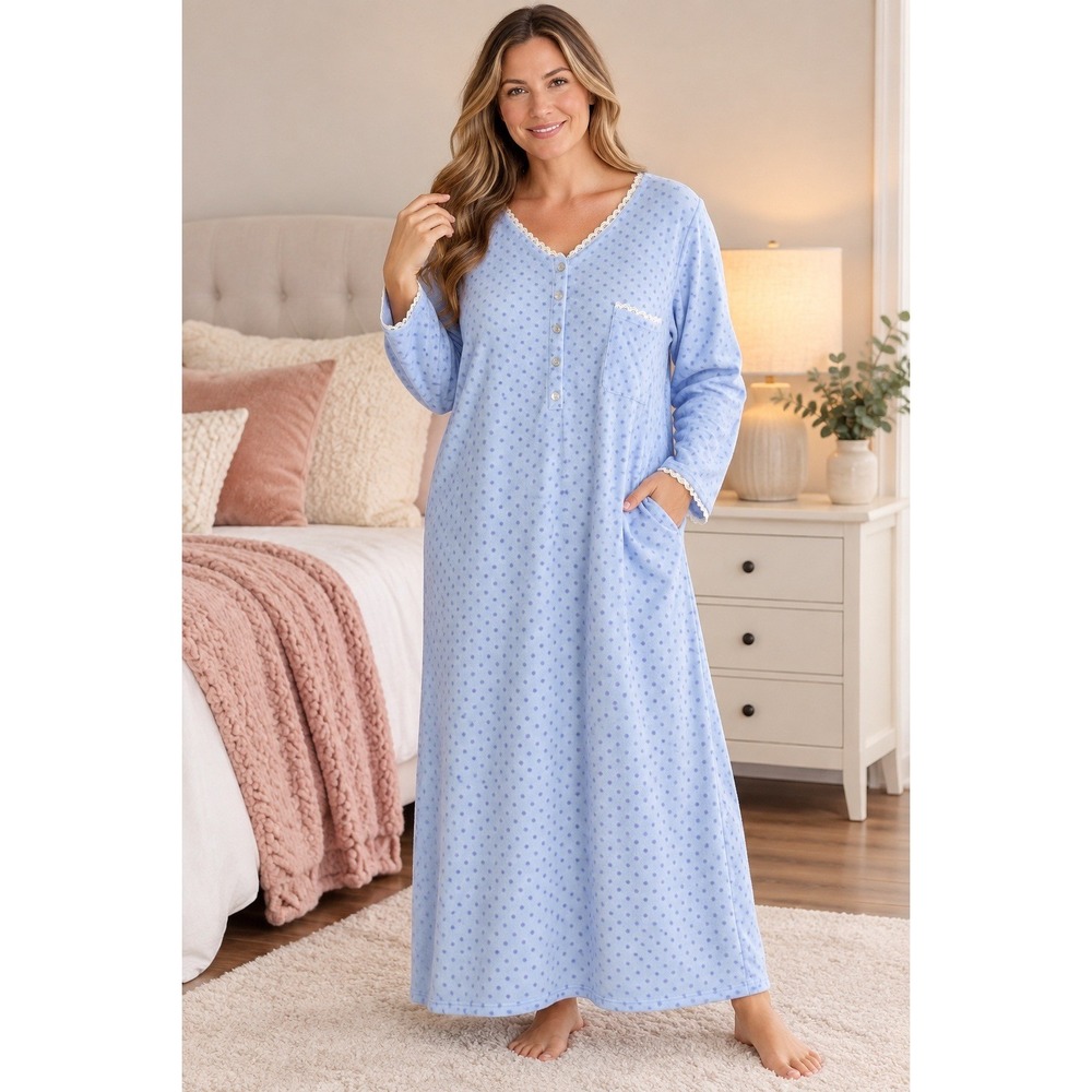 Laura Scott Woman 2X Nightgown Blue Polka Dot Fleece Long Sleeve Lace Trim Cozy